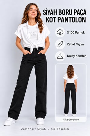 Siyah Boru Paça Kız Kot Pantolon Ak2819