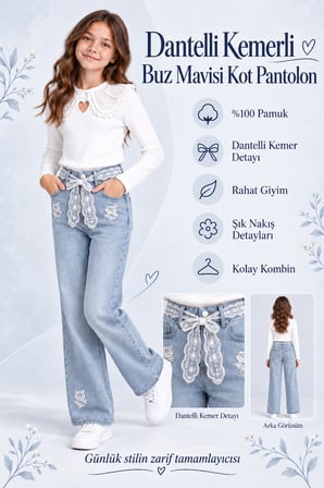 Kemerli Dantelli Boru Paça Kız Kot Pantolon Ak1886