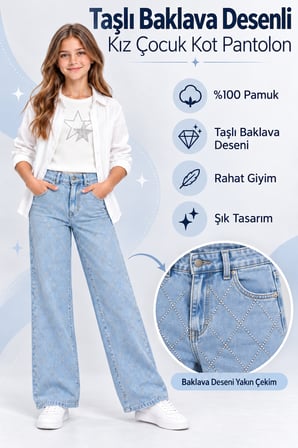 Kemerli Boru Paça Taşlı Kız Pantolon Ak2788