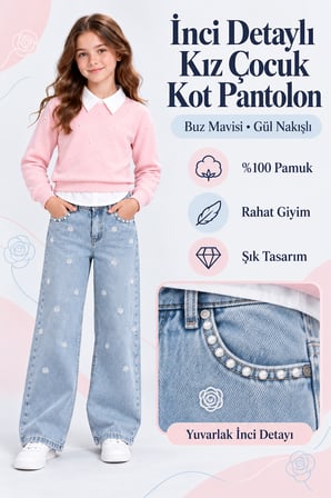Kemerli Boru Paça Nakışlı İncili Kız Kot Pantolon Ak1714