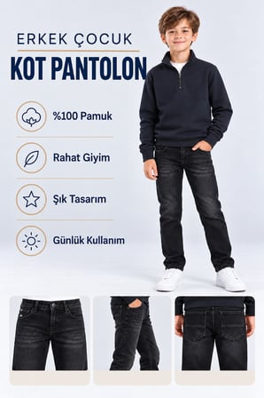 Erkek Çocuk Kot Pantolon Likralı Yıpratmalı Fit Düz Paça Cepli Jean Ak1213