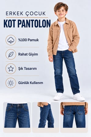 Erkek Çocuk Kot Pantolon Likralı Yıpratmalı Fit Düz Paça Cepli Jean Ak1213