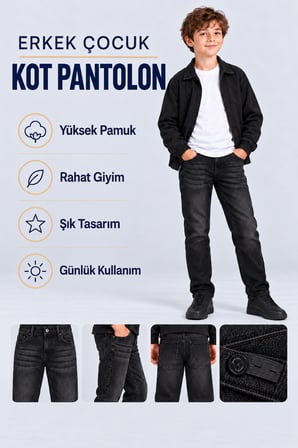 Erkek Çocuk Desenli Kot Pantolon Düz Paça Jean Ak140493
