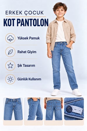 Erkek Çocuk Desenli Kot Pantolon Düz Paça Jean Ak140493
