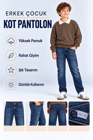 Erkek Çocuk Desenli Kot Pantolon Düz Paça Jean Ak140493