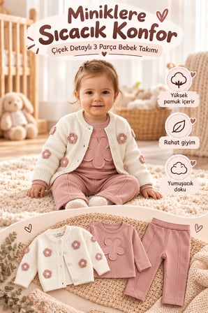 Kız Bebek 3 Parça Çiçek Aplikeli Örgü Hırkalı Alt Üst Takım Pembe Ak50755