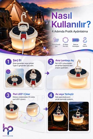 Solar Şarjlı Makaralı Peri LED Kamp Lambası Type-C Outdoor Çadır Bahçe Işığı