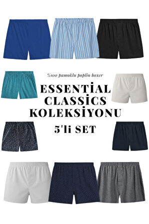 Yohannes Club Boxer Erkek, 5'li "Essentian Classics Koleksiyonu" % 100 Pamuklu Poplin Kumaş, Koyu Renkler, 5 Adet