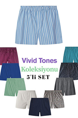 Yohannes Club Boxer Erkek, 5'li "Vivid Tones Koleksiyonu" % 100 Pamuklu Poplin Kumaş, Canlı Renkler, 5 Adet