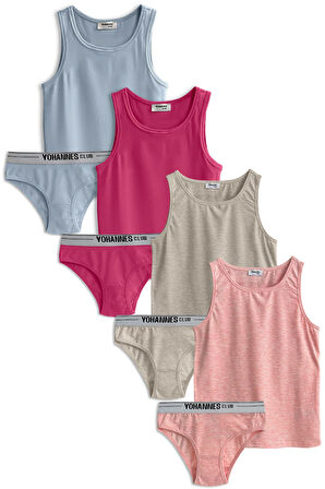 Yohannes Club, Kız Çocuk, Pamuklu Slip&Atlet, Alt-Üst,  4 Çift Takım, Karışık Renkli