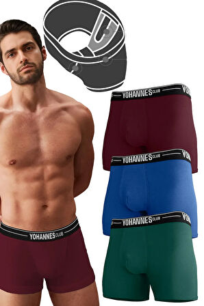 Yohannes Club, Erkek Özel Bölmeli Pamuklu Boxer, Renk Seçenekli, 3'lü Paket, (Bordo,Yeşil,Mavi)