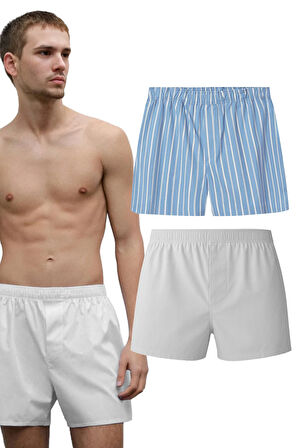 Erkek Pamuklu Poplin Boxer, İkili Paket, Beyaz-Mavi,  % 100 Pamuklu Poplin Kumaş