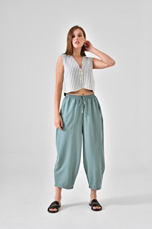 Mint Beli Lastikli Cepli Şalvar Pantolon