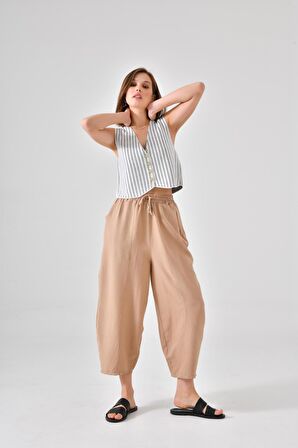 Vizon Beli Lastikli Cepli Şalvar Pantolon