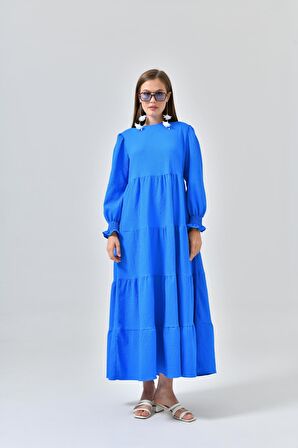 Saks Mavi Bisiklet Yaka Kol Gipe Detaylı Kat Kat Elbise