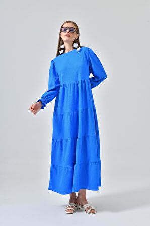 Saks Mavi Bisiklet Yaka Kol Gipe Detaylı Kat Kat Elbise