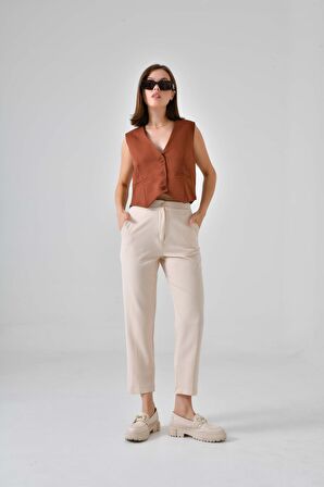 Kahverengi Cep Detaylı Pensli 3 Düğme Kapama Astarlı Yelek