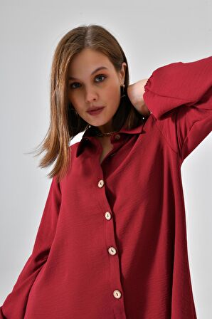 Bordo Ahşap Düğmeli Tunik