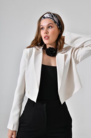 Ekru Kruvaze Crop Blazer Ceket