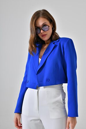 Saks Mavi Kruvaze Crop Blazer Ceket