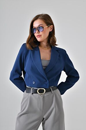 Lacivert Kruvaze Crop Blazer Ceket
