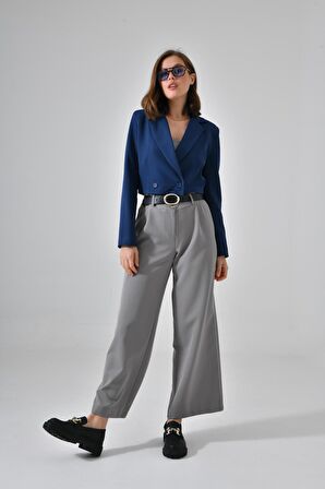 Lacivert Kruvaze Crop Blazer Ceket