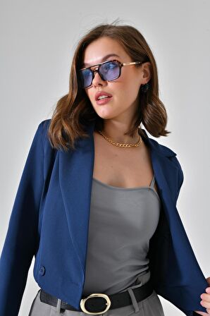 Lacivert Kruvaze Crop Blazer Ceket