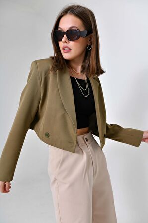 Haki Kruvaze Crop Blazer Ceket