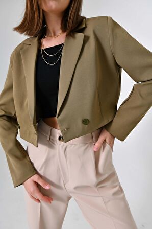 Haki Kruvaze Crop Blazer Ceket