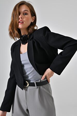 Siyah Kruvaze Crop Blazer Ceket