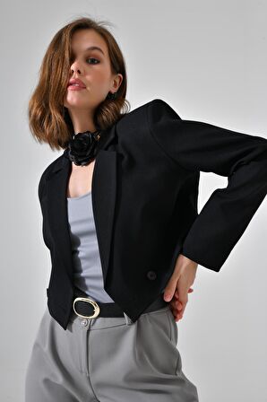 Siyah Kruvaze Crop Blazer Ceket