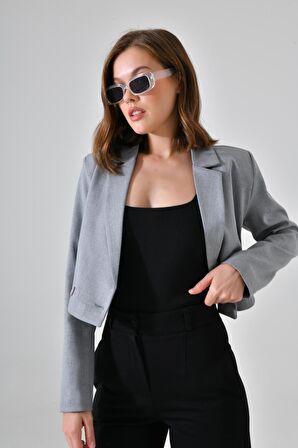 Gri Kruvaze Crop Blazer Ceket