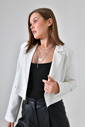 Beyaz Kruvaze Crop Blazer Ceket