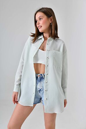 Mint Bürümcük Detaylı Çizgili Gömlek