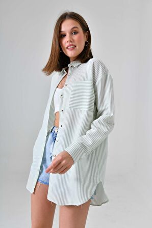 Mint Bürümcük Detaylı Çizgili Gömlek