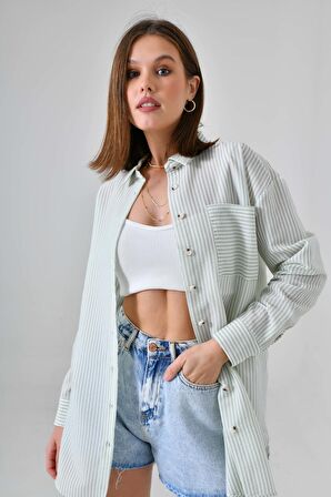 Mint Bürümcük Detaylı Çizgili Gömlek