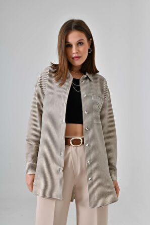 Kahve Bürümcük Detaylı Çizgili Gömlek