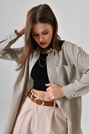 Kahve Bürümcük Detaylı Çizgili Gömlek