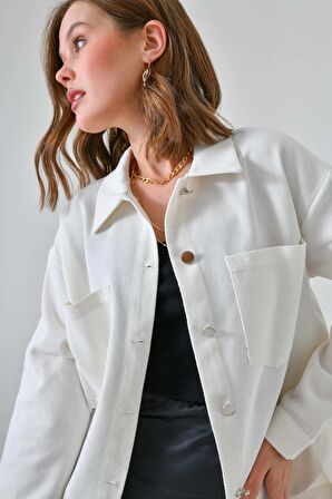 Ekru Gabardin Keten Gömlek Ceket