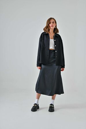 Siyah Gabardin Keten Gömlek Ceket