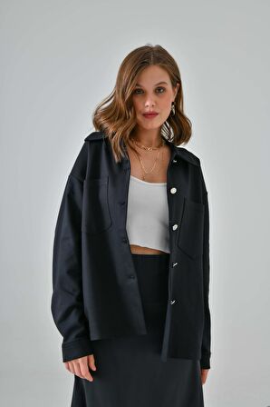 Siyah Gabardin Keten Gömlek Ceket