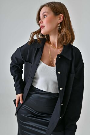Siyah Gabardin Keten Gömlek Ceket