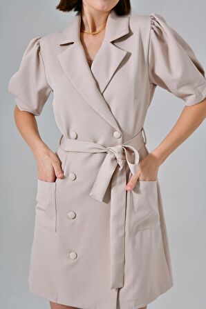 Taş Truvakar Kol Cep Detaylı Kruvaze Kapama Kuşaklı Elbise