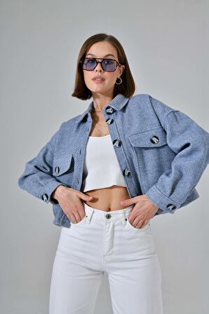 Mavi Kaşe Oversize Cepli Crop Ceket