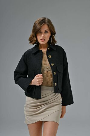 Antrasit Gömlek Yaka Cepli Astarlı Kaşe Crop Ceket