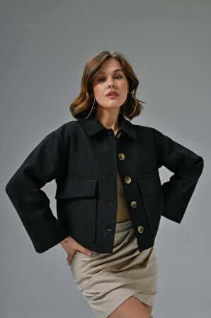 Antrasit Gömlek Yaka Cepli Astarlı Kaşe Crop Ceket