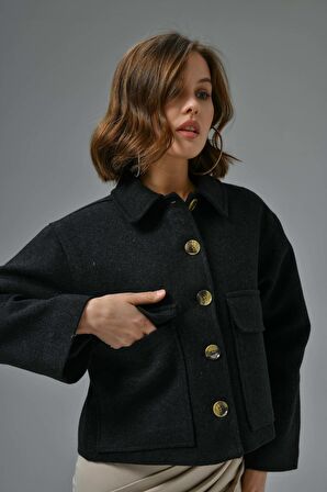 Antrasit Gömlek Yaka Cepli Astarlı Kaşe Crop Ceket