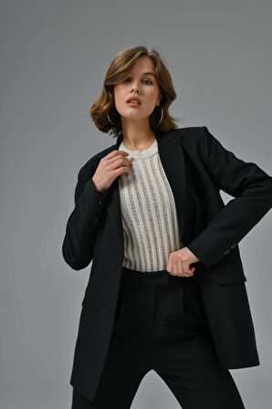 Siyah Blazer Ceket-Pantolon Dokuma Alt-Üst Takım