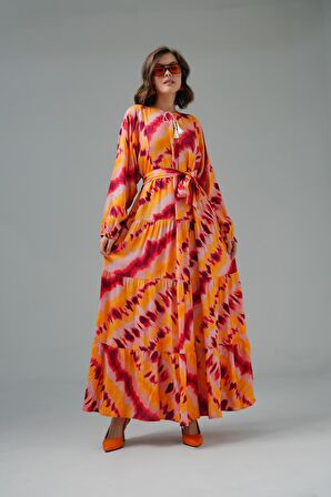 Pudra Bisiklet Yaka Püskül Bağlamalı Balon Kol Kuşaklı Elbise