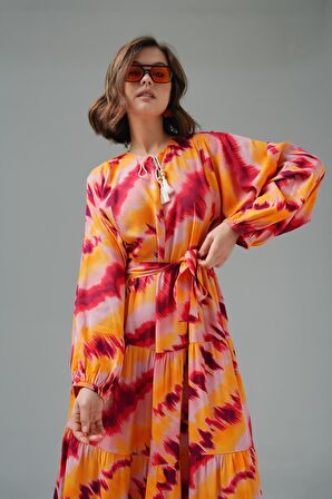 Pudra Bisiklet Yaka Püskül Bağlamalı Balon Kol Kuşaklı Elbise